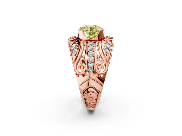Rose gold Fancy Yellow Round Cut Diamond Pave Art Deco Split Shank Ring with Four-Prong Setting