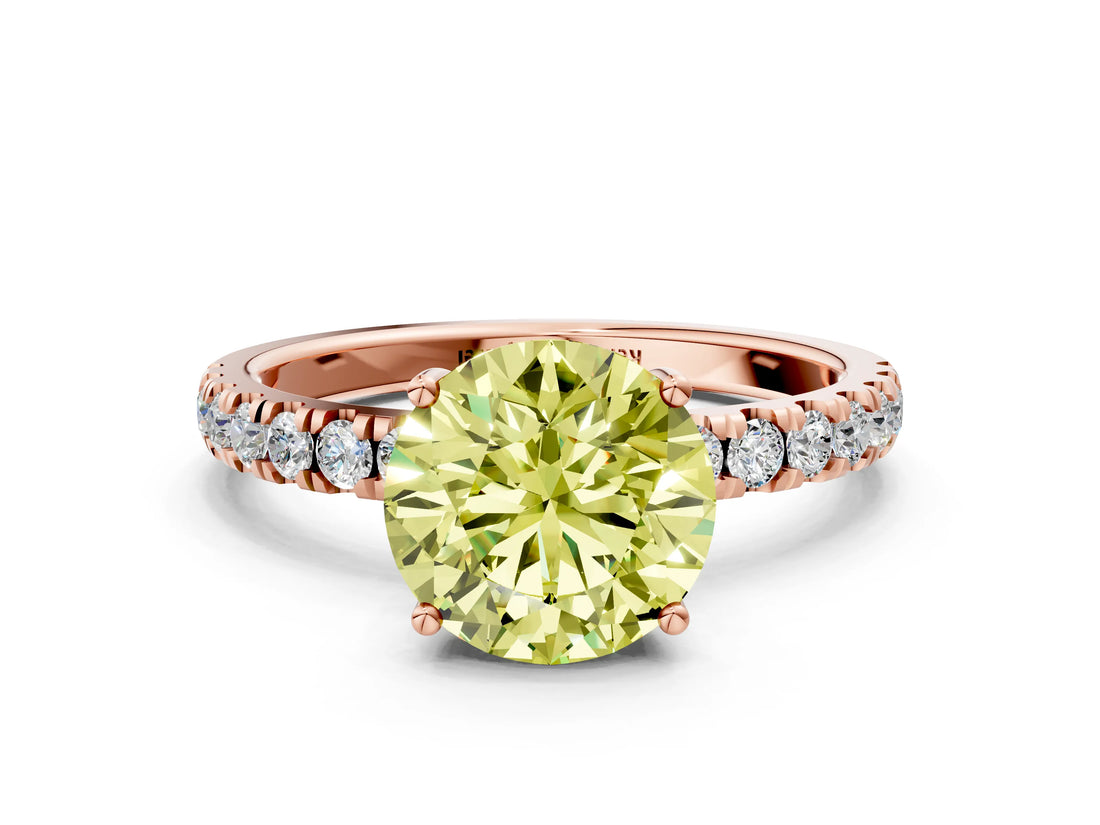 Rose gold Fancy Yellow Round Cut Diamond Pave Band Solitaire Ring with Four-Prong Setting_17