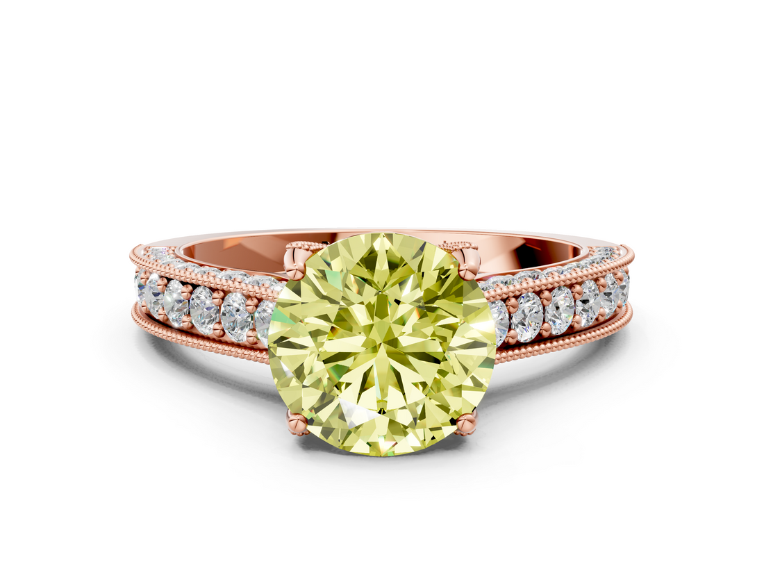 Rose gold Fancy Yellow Round  Cut Diamond Pave Band with Four-Prong Setting