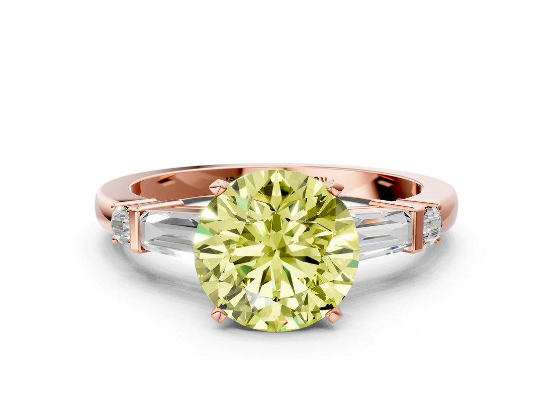 Rose gold Fancy Yellow Round  Cut Diamond Ring with Baguette Side Stones, Channel Set Band, and Four-Prong Setting
