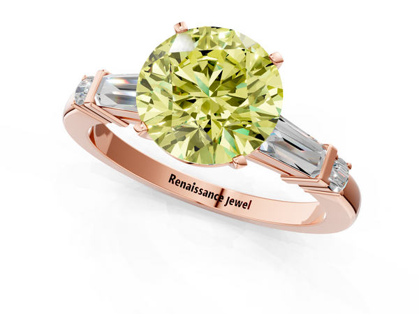Rose gold Fancy Yellow Round  Cut Diamond Ring with Baguette Side Stones, Channel Set Band, and Four-Prong Setting