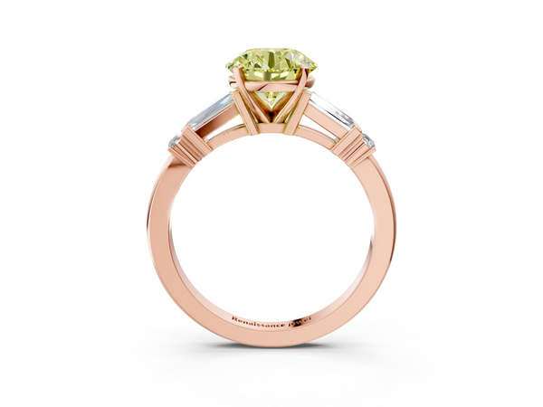 Rose gold Fancy Yellow Round  Cut Diamond Ring with Baguette Side Stones, Channel Set Band, and Four-Prong Setting
