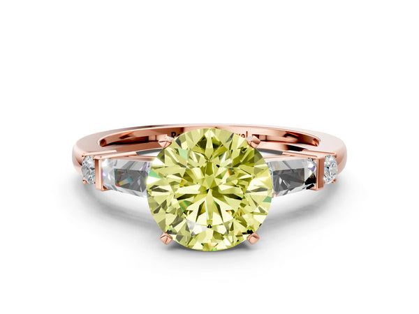 Rose gold Fancy Yellow Round  Cut Diamond Ring with Baguette Side Stones, Channel Set Band, and Four-Prong Setting