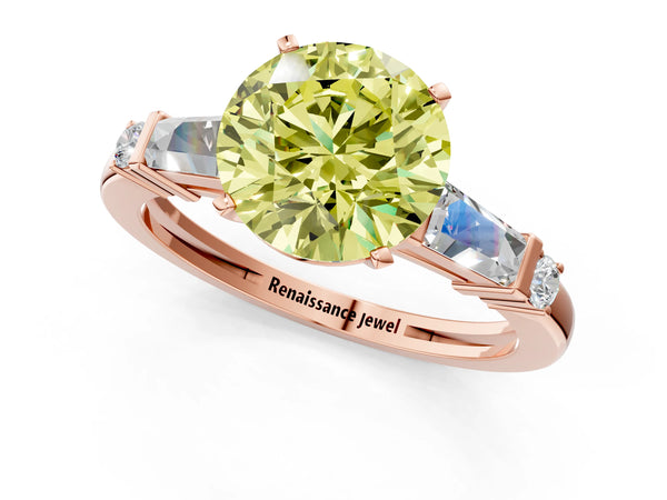 Rose gold Fancy Yellow Round  Cut Diamond Ring with Baguette Side Stones, Channel Set Band, and Four-Prong Setting