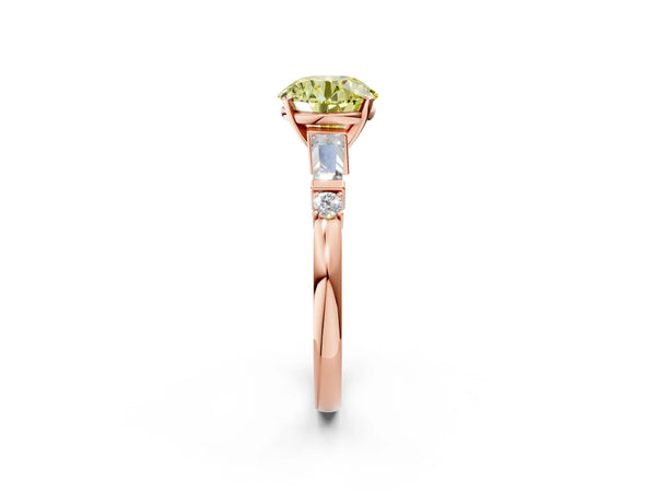 Rose gold Fancy Yellow Round  Cut Diamond Ring with Baguette Side Stones, Channel Set Band, and Four-Prong Setting