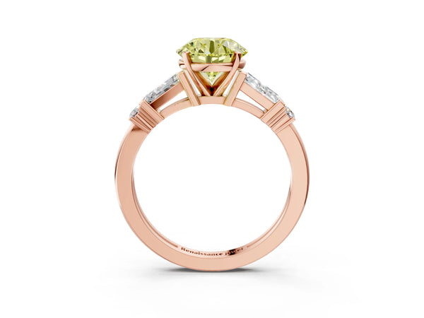 Rose gold Fancy Yellow Round  Cut Diamond Ring with Baguette Side Stones, Channel Set Band, and Four-Prong Setting