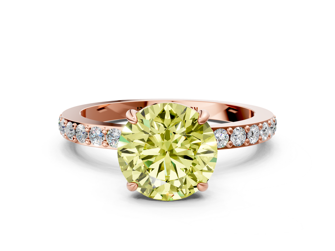 Rose gold Fancy Yellow Round  Cut Diamond Ring with Pavé Band and Four-Prong Setting