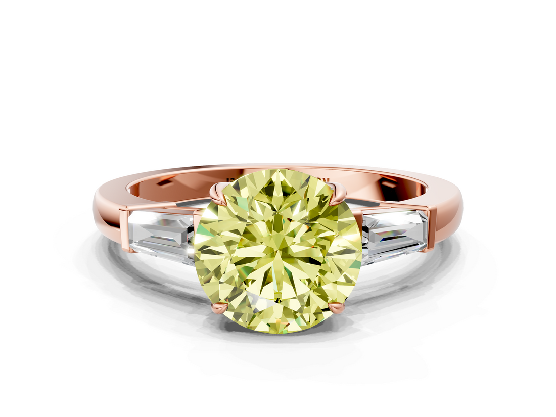 Rose gold Fancy Yellow Round  Cut Diamond Ring with Tapered Baguette Side Stones in Four-Prong Setting