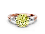 Rose gold Fancy Yellow Round  Cut Diamond Ring with Tapered Baguette Side Stones in Four-Prong Setting