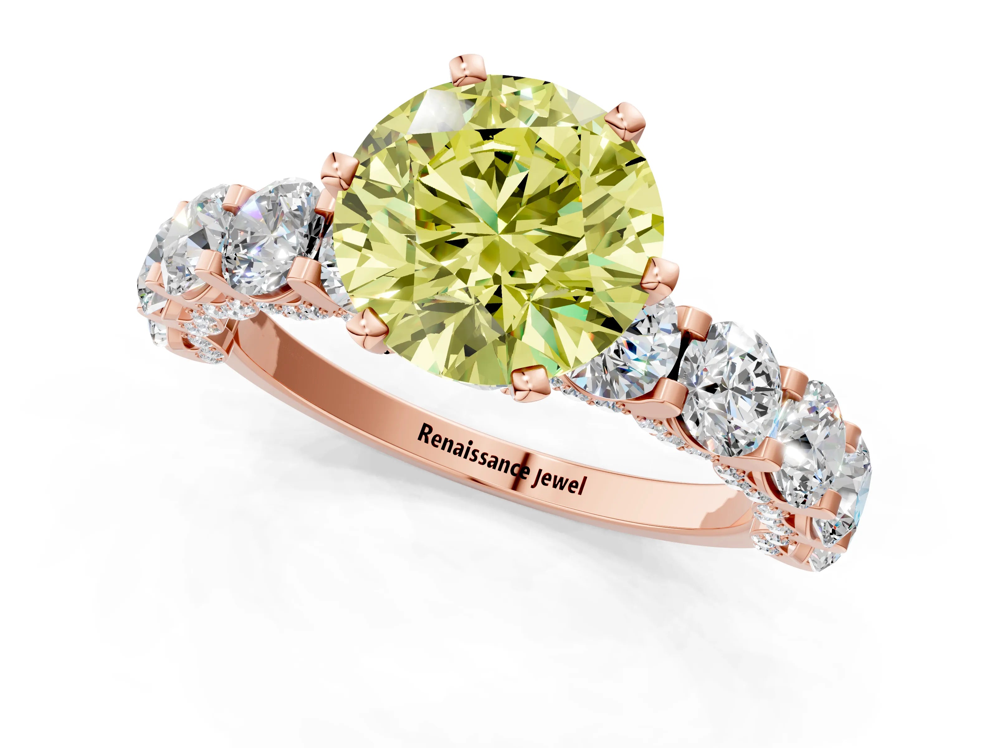 Rose gold Fancy Yellow Round Cut Diamond Side Stone Engagement Ring with Four-Prong Setting_37