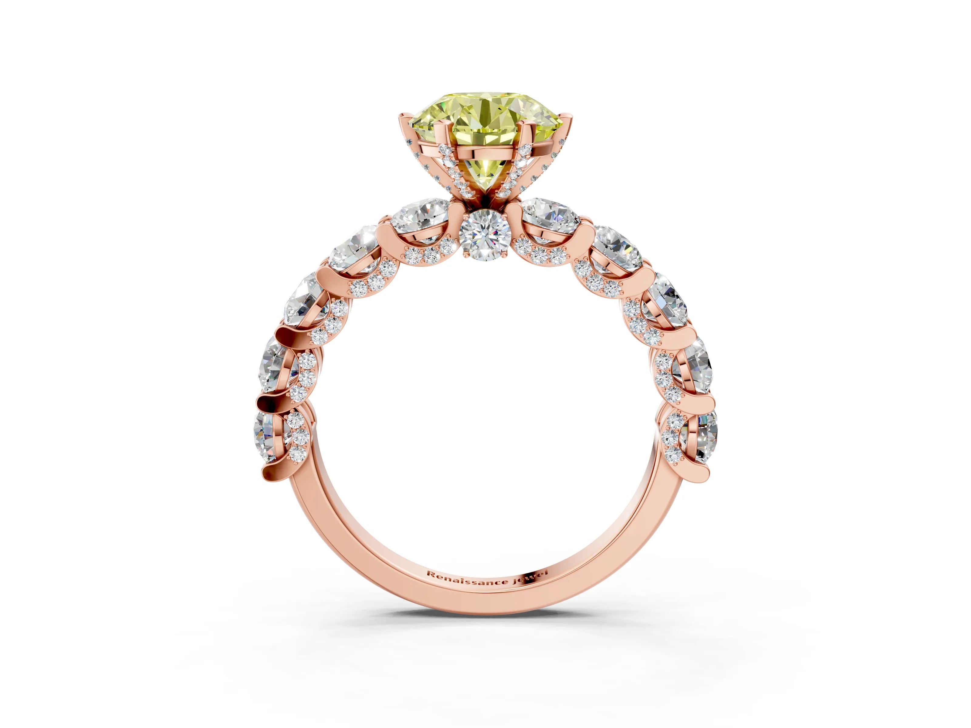 Rose gold Fancy Yellow Round Cut Diamond Side Stone Engagement Ring with Four-Prong Setting_39