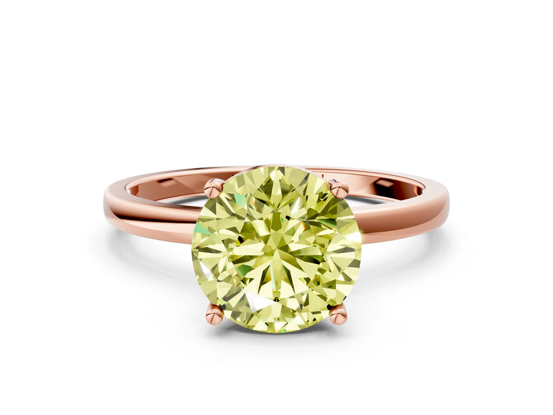 Rose gold Fancy Yellow Round Cut Diamond Solitaire Ring with Classic Band and Four-Prong Setting