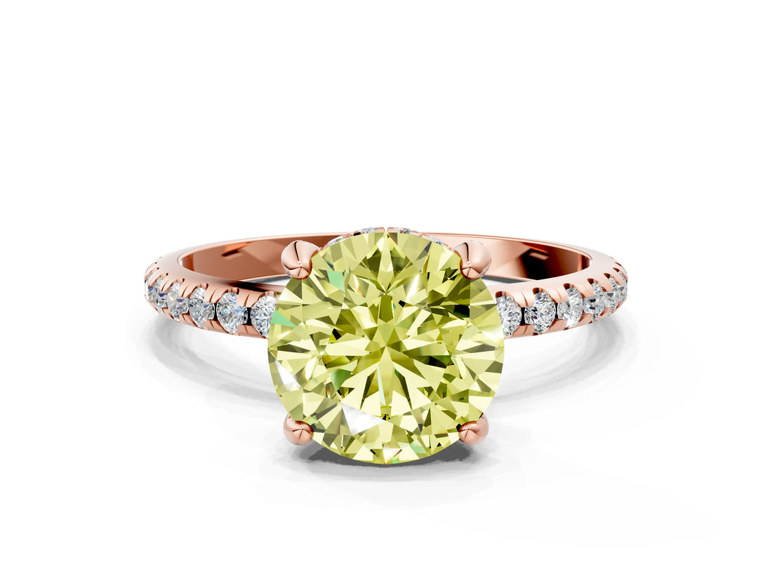 Rose gold Fancy Yellow Round Cut Diamond Solitaire Ring with Four-Prong Setting and Pavé Band_3