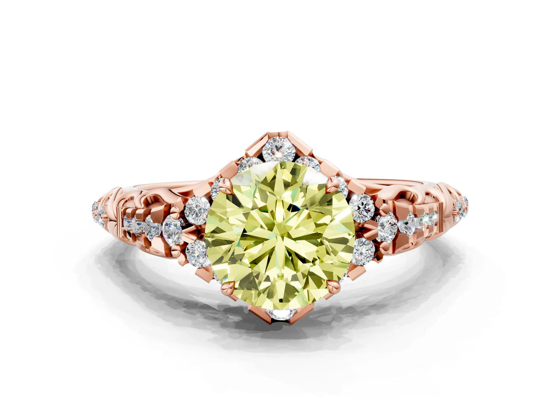 Rose gold Fancy Yellow Round Cut Diamond Solitaire Ring with Hidden Halo and Pavé Band_27