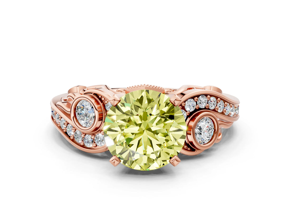 Rose gold Fancy Yellow Round Cut Diamond Solitaire Ring with Milgrain Pavé Band and Four-Prong Setting_22