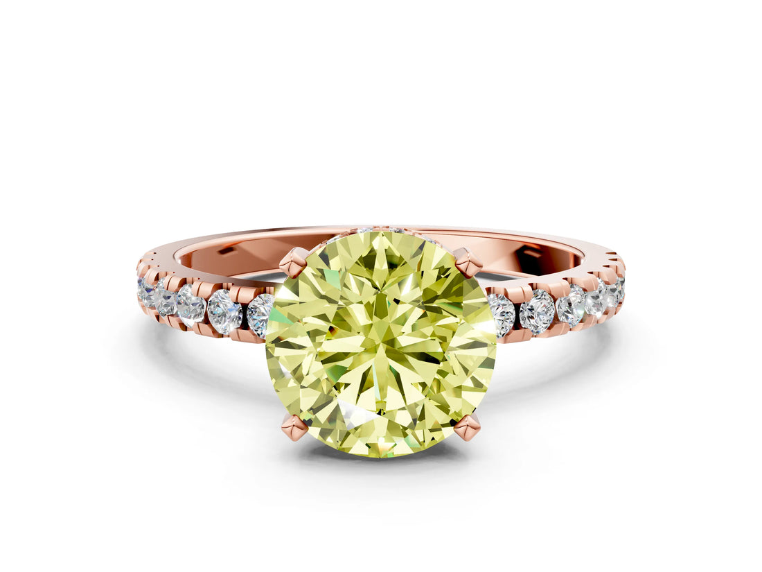 Rose gold Fancy Yellow Round Cut Diamond Solitaire Ring with Pavé Band and Four-Prong Setting_17