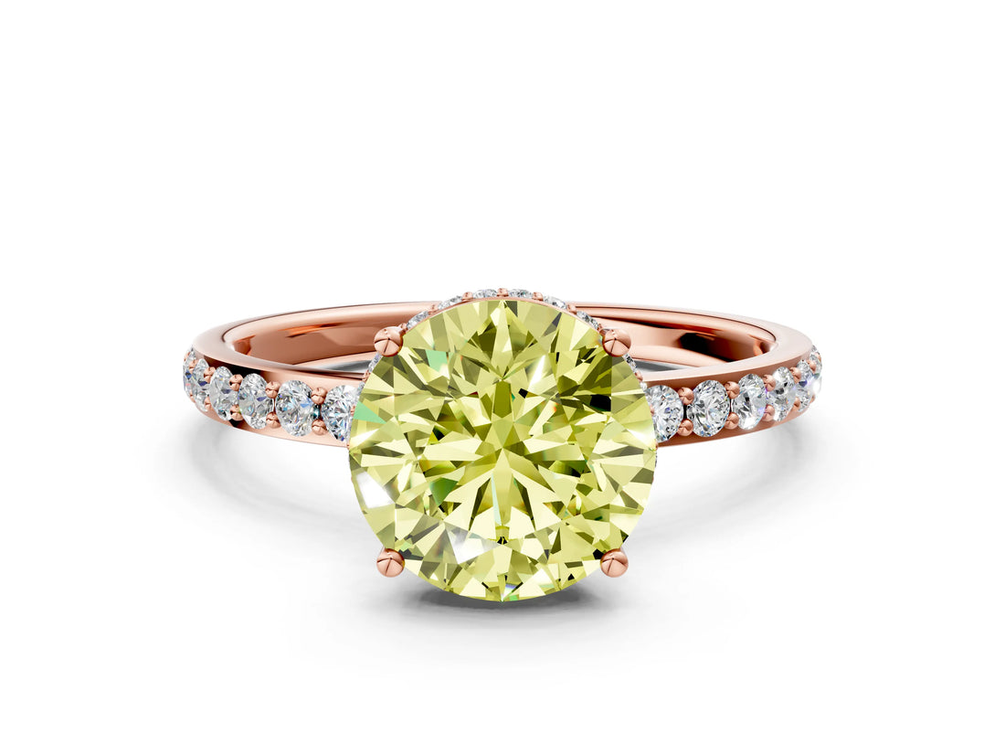 Rose gold Fancy Yellow Round Cut Diamond Solitaire Ring with Pavé Band and Hidden Halo_19