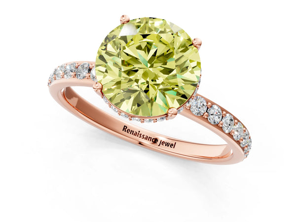 Rose gold Fancy Yellow Round Cut Diamond Solitaire Ring with Pavé Band and Hidden Halo