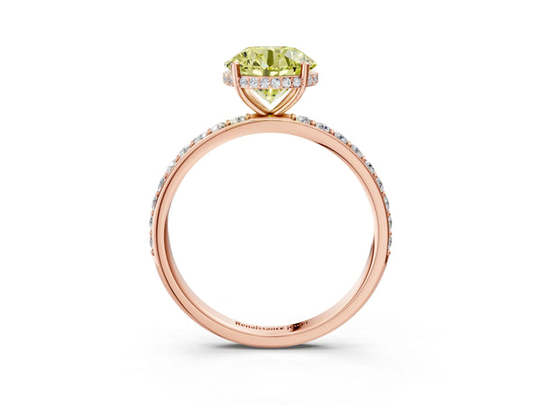 Rose gold Fancy Yellow Round Cut Diamond Solitaire Ring with Pavé Band and Hidden Halo