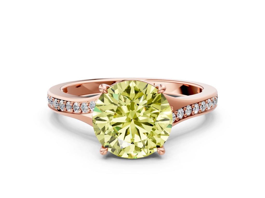 Rose gold Fancy Yellow Round Cut Diamond Solitaire Ring with Pavé Band and Prong Setting_12