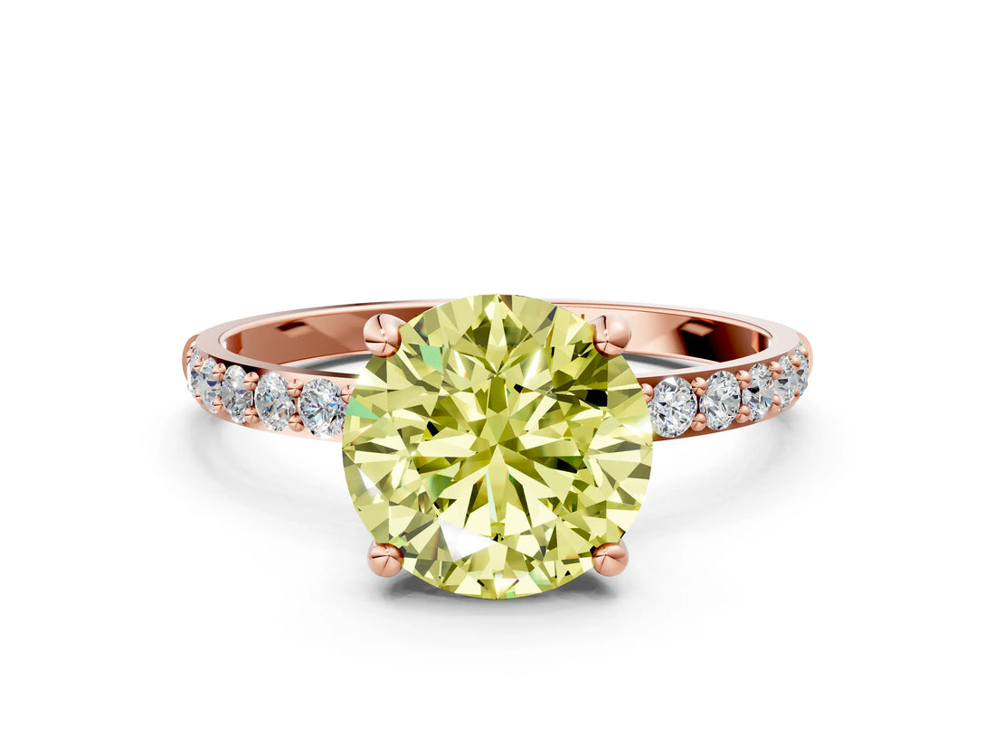 Rose gold Fancy Yellow Round Cut Diamond Solitaire Ring with Pave Band and Four Prong Setting_16