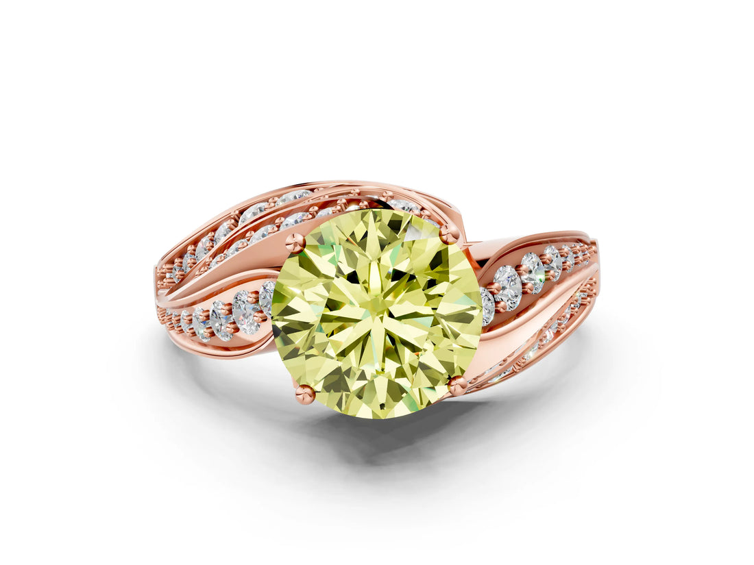 Rose gold Fancy Yellow Round Cut Diamond Solitaire Ring with Prong Setting and Twisted Pavé Band
