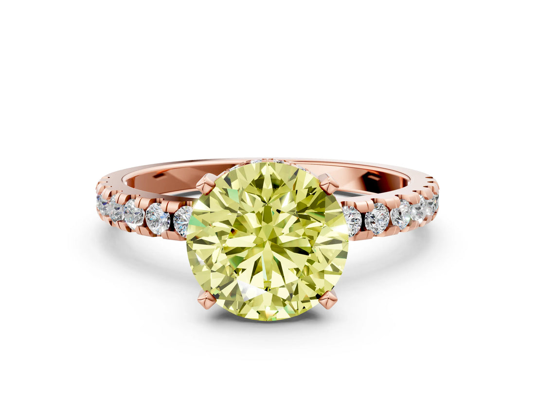 Rose gold Fancy Yellow Round Cut Diamond Solitaire Ring with Round  Pavé Band and Four-Prong Setting_36