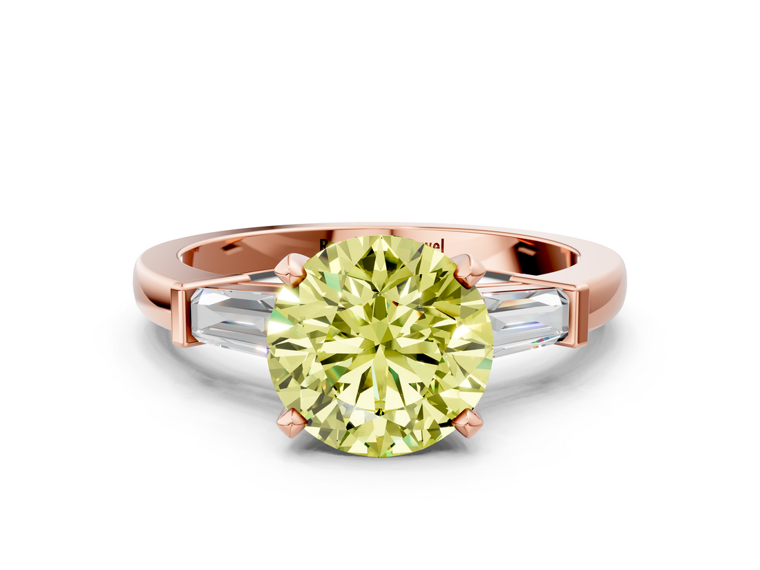 Rose gold Fancy Yellow Round  Cut Diamond Solitaire Ring with Tapered Baguette Accents and Four-Prong Setting