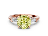 Rose gold Fancy Yellow Round  Cut Diamond Solitaire Ring with Tapered Baguette Accents and Four-Prong Setting