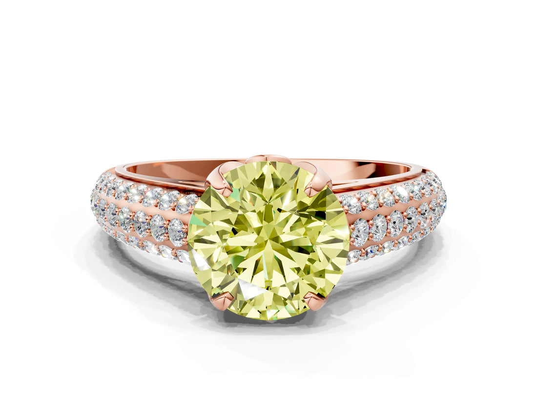 Rose gold Fancy Yellow Round Cut Diamond Solitaire Ring with Three-Row Pavé Band and Four-Prong Setting_17