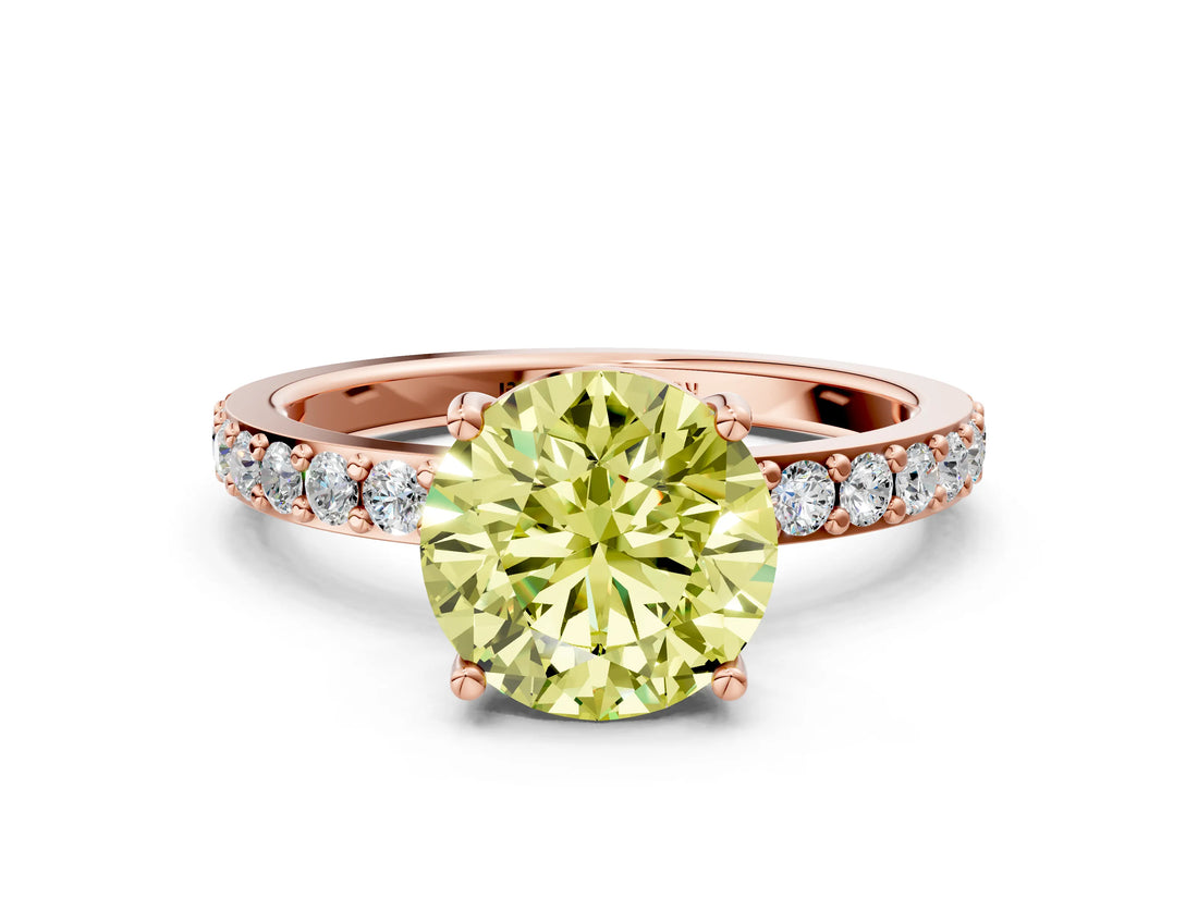 Rose gold Fancy Yellow Round  Cut Diamond Solitaire with Pave Band and Four-Prong Setting 1