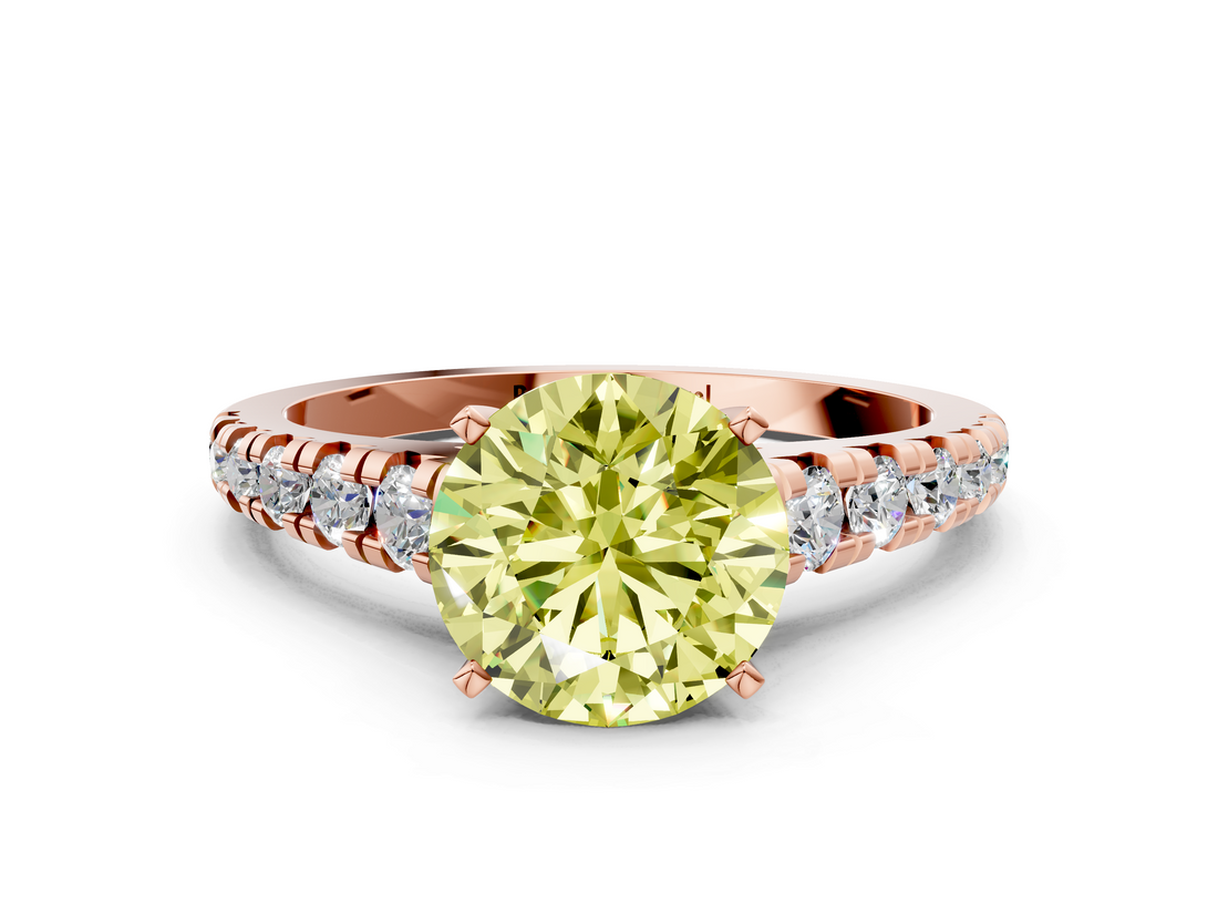 Rose gold Fancy Yellow Round  Cut Diamond Solitaire with Pave Band and Four-Prong Setting