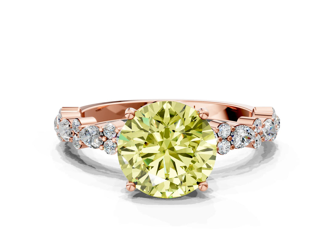 Rose gold Fancy Yellow Round Cut Diamond Solitaire with Side Stones, Pave Band, Four-Prong Setting_29