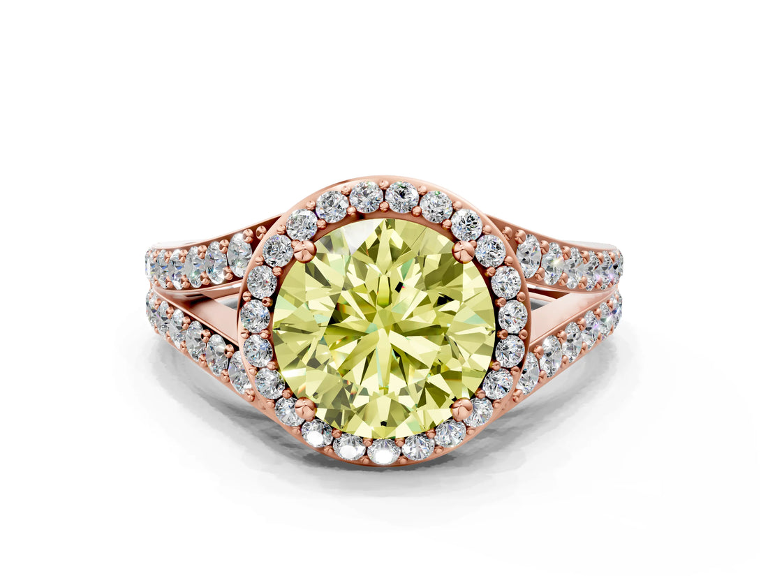 Rose gold Fancy Yellow Round Cut Diamond Split Shank Halo Ring with Four-Prong Setting_17
