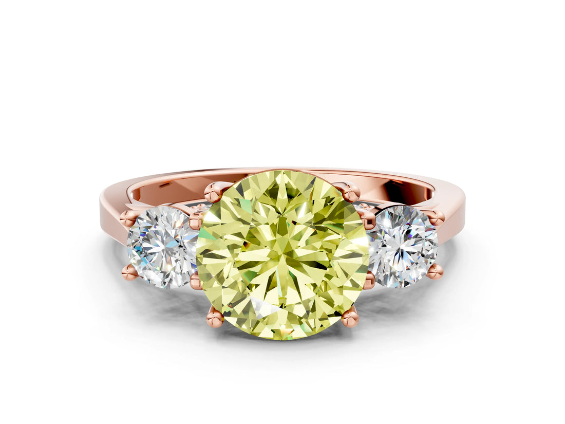 Rose gold Fancy Yellow Round Cut Diamond Three-Stone Engagement Ring with Prong Setting and Pavé Band