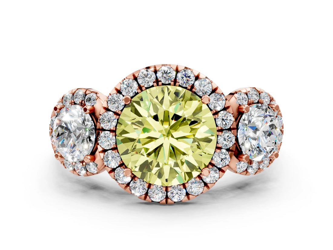 Rose gold Fancy Yellow Round Cut Diamond Three-Stone Halo Ring with Prong Setting and Pavé Accents