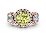 Rose gold Fancy Yellow Round Cut Diamond Three-Stone Halo Ring with Prong Setting and Pavé Accents