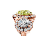 Rose gold Fancy Yellow Round Cut Diamond Three-Stone Halo Ring with Prong Setting and Pavé Accents_5
