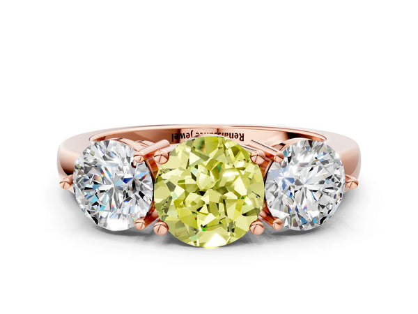 Rose gold Fancy Yellow Round Cut Diamond Three-Stone Ring with Prong Setting and Classic Band