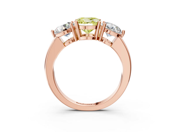 Rose gold Fancy Yellow Round Cut Diamond Three-Stone Ring with Prong Setting and Classic Band