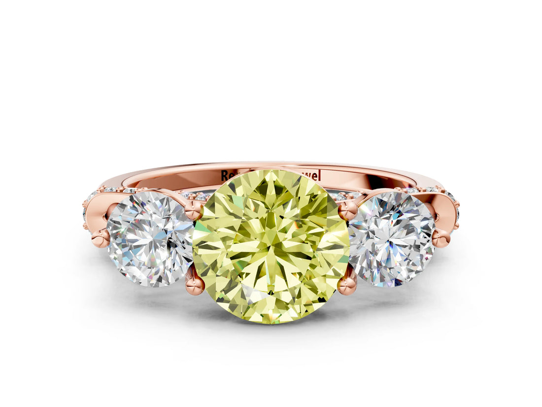 Rose gold Fancy Yellow Round Cut Diamond Three-Stone Ring with Prong Setting and Pavé Band
