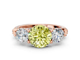 Rose gold Fancy Yellow Round Cut Diamond Three-Stone Ring with Prong Setting and Pavé Band