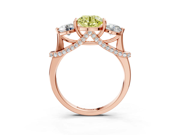 Rose Gold Round Curved Pave Three Stone Engagement Ring Setting for Fancy Yellow Center