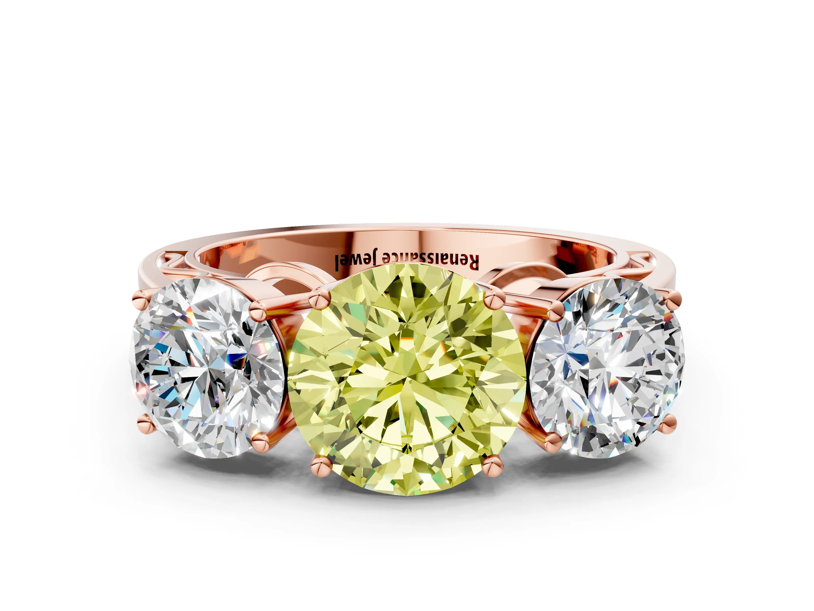 Rose gold Fancy Yellow Round Cut Diamond Three-Stone Ring with Prong Setting and Textured Band