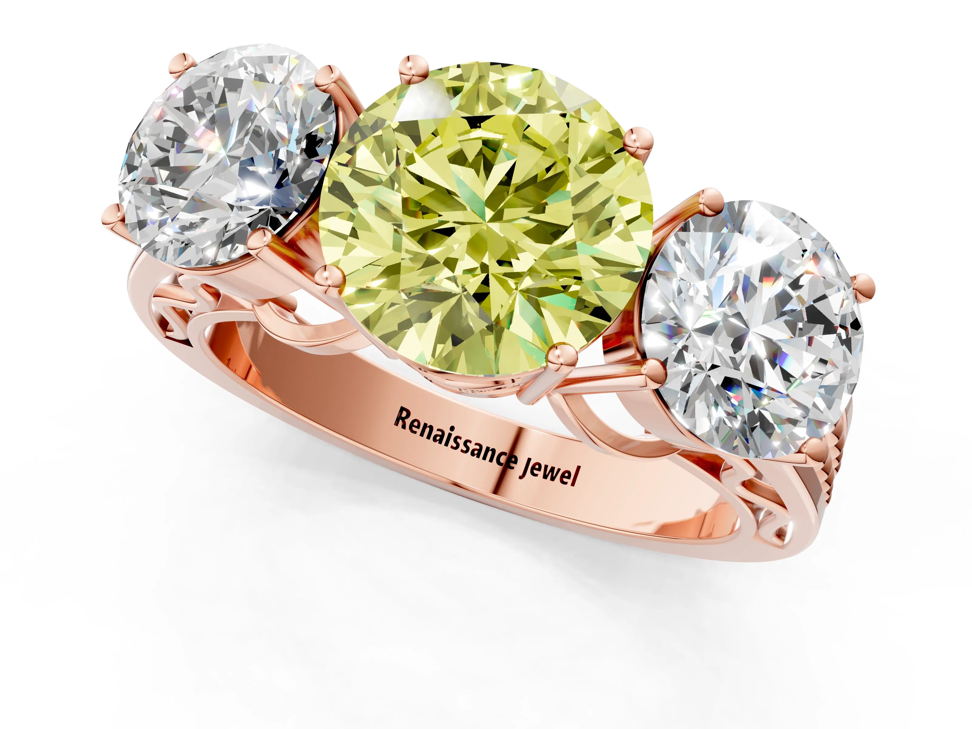 Rose gold Fancy Yellow Round Cut Diamond Three-Stone Ring with Prong Setting and Textured Band_1