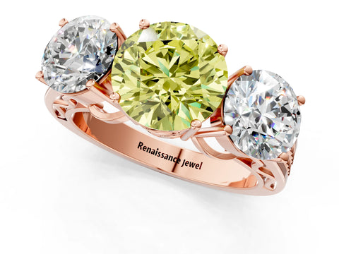Rose gold Fancy Yellow Round Cut Diamond Three-Stone Ring with Prong Setting and Textured Band_1