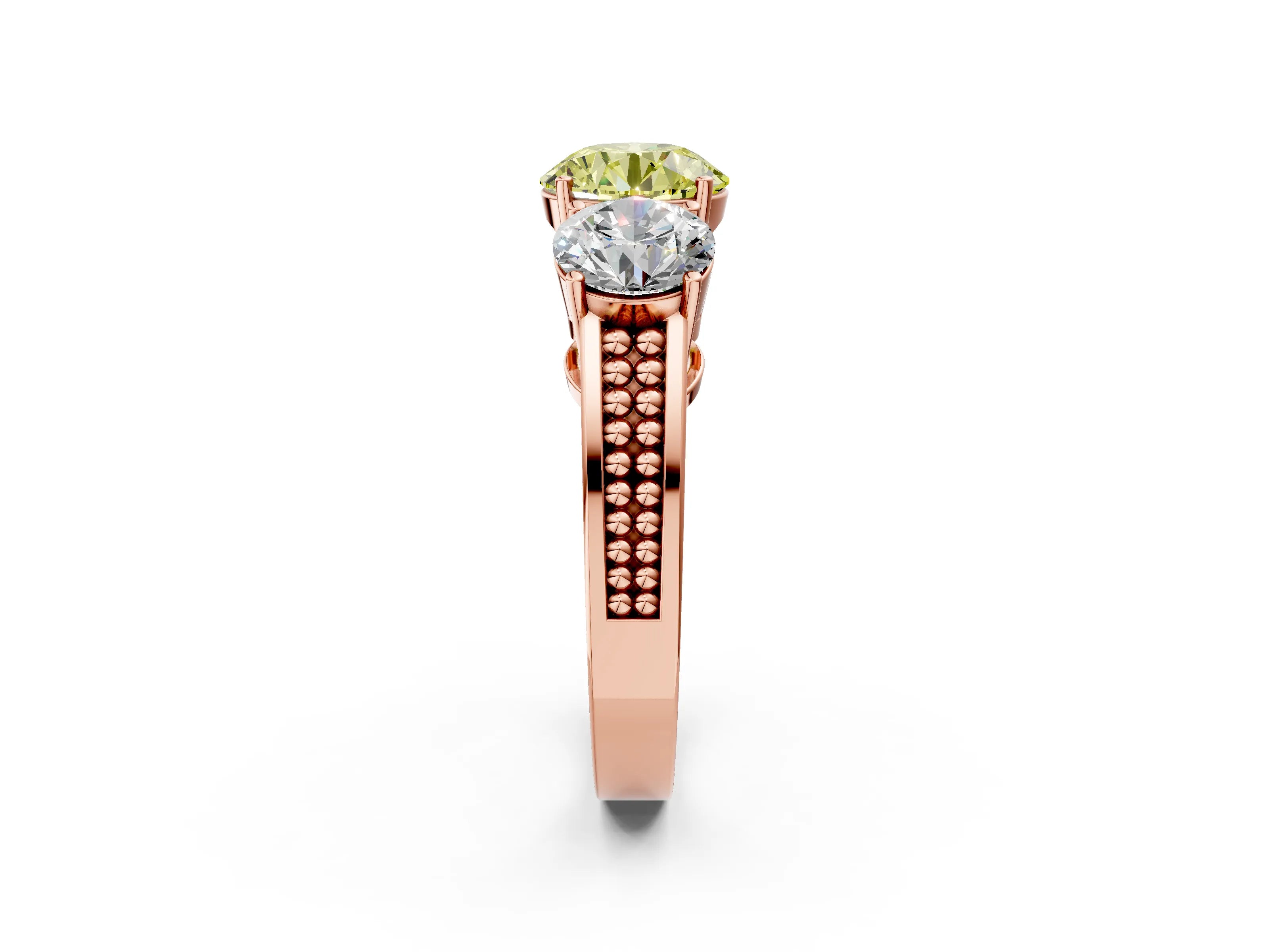 Rose gold Fancy Yellow Round Cut Diamond Three-Stone Ring with Prong Setting and Textured Band_2