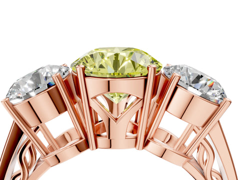 Rose gold Fancy Yellow Round Cut Diamond Three-Stone Ring with Prong Setting and Textured Band_4