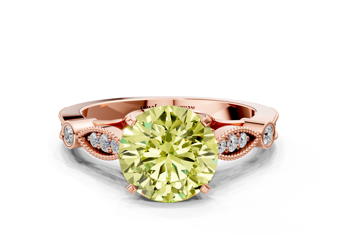 Rose gold Fancy Yellow Round  Cut Diamond with Milgrain Marquise and Bezel Accents on a Solitaire Band with Prong Setting
