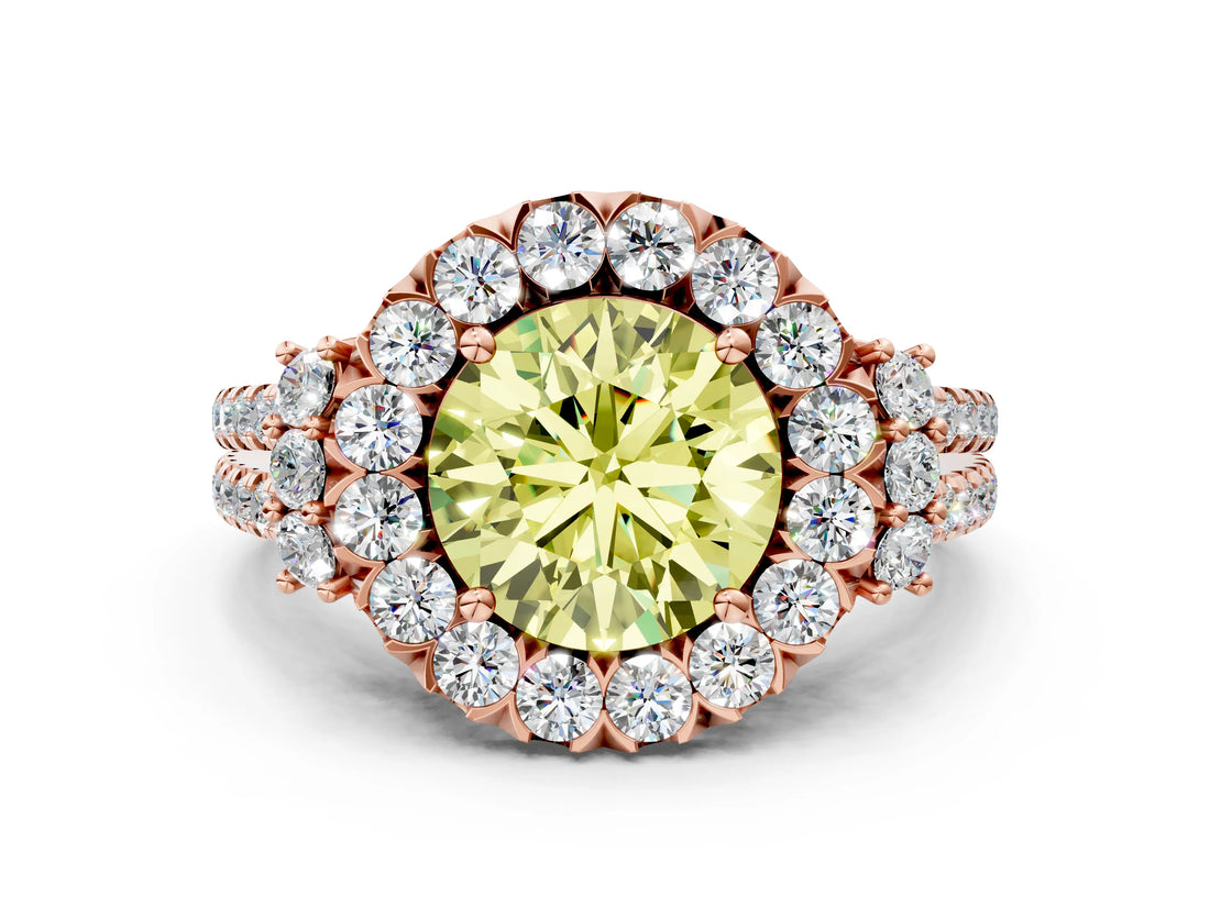 Rose gold Fancy Yellow Round  Cut Double Halo Diamond Engagement Ring with Pave Band and Four-Prong Setting